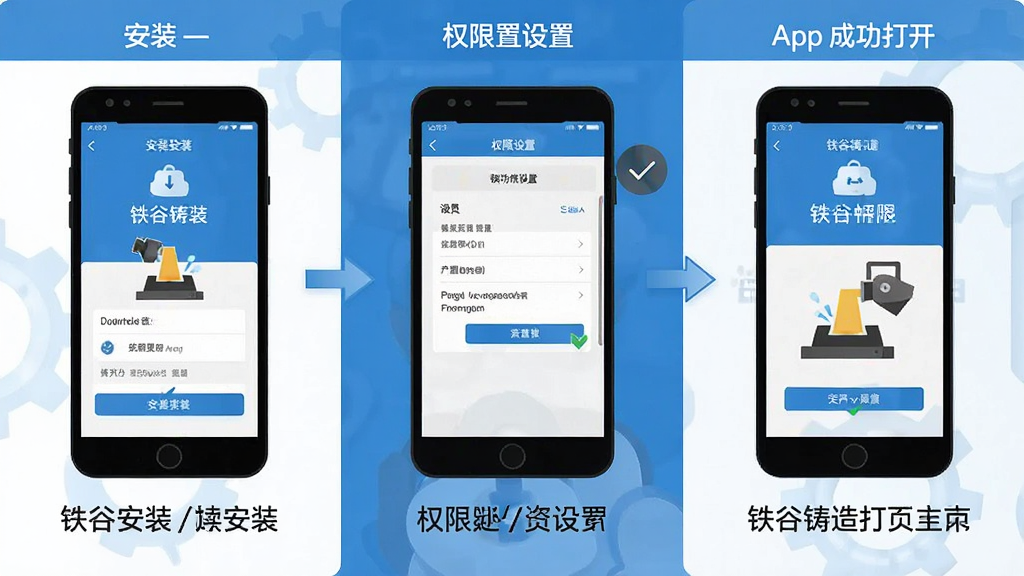 һ��չʾ��������App��װʹ�����̵�ʾ��ͼ�������Ϊ���������������Ϊ�ֻ����ذ�װ���棬�м�ΪȨ�����ý��棬�Ҳ�ΪApp�ɹ��򿪵���ҳ���棬ÿ�������·����м�̵�����˵����������ñ�ƽ����Ϣͼ���ɫ������ɫ�Ͱ�ɫΪ������������ֱ�ۣ��޶���װ��Ԫ��