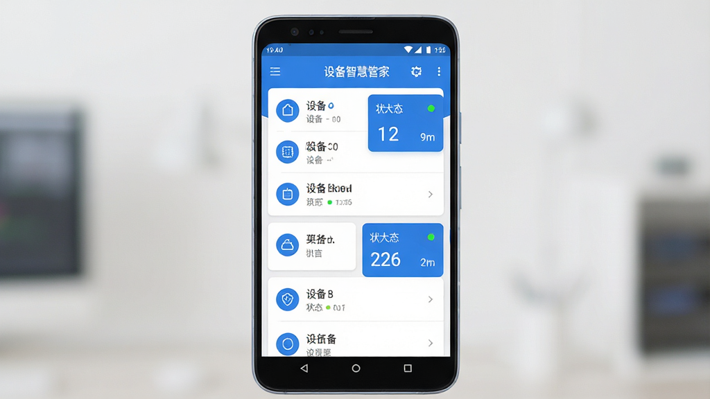 һ��չʾ���豸�ǻ۹ܼҡ��ֻ�Ӧ���������ͼƬ������Ϊһ�����ŵİ�׿�ֻ�����Ļ����ʾ�豸�б���״̬��Ƭ�����־��У��Ű����������Ϊ�ִ���ƽ���Ƽ��磬ϸ�ڰ�����ɫ��ɫ����Բ��ͼ�ꡢ״ָ̬ʾ�ƣ����ʸ��壬�ɾ����޶���Ԫ��