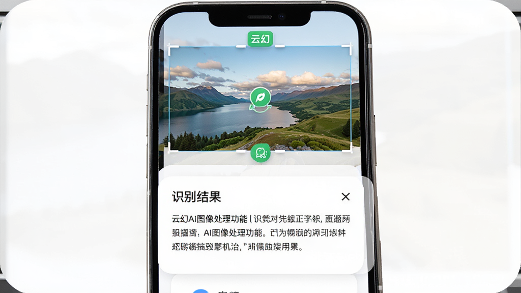 �ƻ�Aiͼ�������ܽ��棬����չʾ�ֻ���Ļ��һ�ŷ羰��Ƭ��ʶ��������������������Ϊ���·������Ϸ�ΪͼƬԤ�����·�Ϊʶ�����ı��򣬷������������ϸ�ڰ�����ɫʶ���ǡ���ɫ��Ƭ��Բ�Ǳ߿򣬻��ʸ��壬�ɾ����޶���Ԫ��