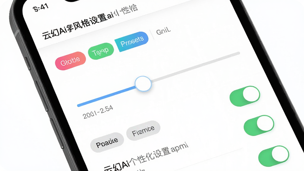 �ƻ�Ai���Ի����ý��棬����չʾ�ֻ���Ļ�еķ��ѡ�񻬿���ƫ�ñ�ǩ������Ϊ�б�ʽ�Ű棬����Լ���£�ϸ�ڰ�����ɫ��ǩ�����ذ�ť����ɫ˵�����֣����ʸ��壬�ɾ����޶���Ԫ��