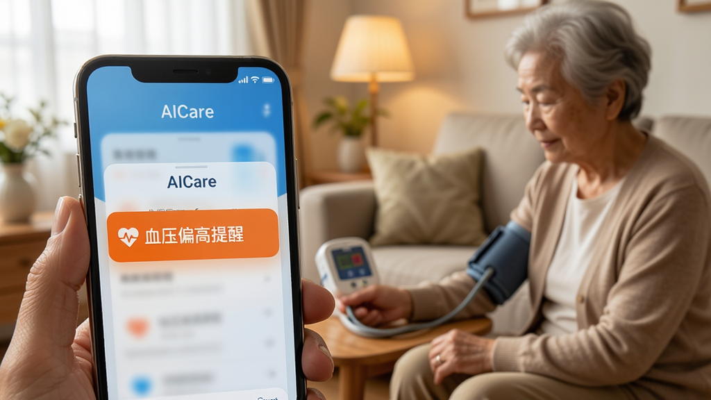 ����չʾһ���ֻ���Ļ��д��AICare Ӧ�ý��浯��һ����ɫԤ��֪ͨ������д�š�Ѫѹƫ�����ѡ����ֻ�������ģ���ļ�ͥ����������һλ����������ʹ��Ѫѹ�Ʋ���������ɫ����ů��ͻ��Ԥ����Ϣ�Ľ��ȸ���ػ��У����дʵ��ϸ�����������ʸɾ���