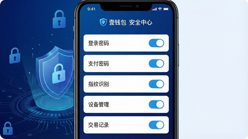 һ�š�ҼǮ������ȫ���Ľ���չʾͼ������Ϊ�ֻ���Ļ����Ļ����ʾ��ȫ�����б���������¼���롢֧�����롢ָ��ʶ���豸���������׼�¼����Ŀ������Ϊ����ɫ�Ƽ��н��䣬���ж���ͼ��������Ԫ�أ�����Ϊ�����б������Ϊ��ȫ�������⣻ϸ�ڰ����������ذ�ť���������ֱ�ǩ�����ʸ��壬�ɾ����޶���Ԫ��