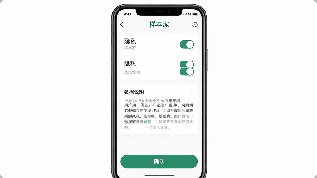 һ��չʾ������APP��˽����ҳ����ֻ�����ͼ������Ϊ�ֻ���Ļ����������˽ѡ��ء�����˵�����ֺ�ȷ�ϰ�ť���Ű��࣬���ȫ���أ�ϸ���С������ҡ����ֱ�ʶ�����ʸ��壬�ɾ����޶���Ԫ��