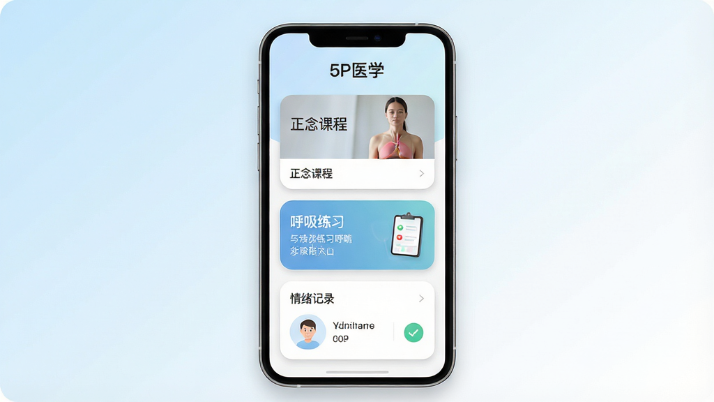 һ��չʾ5PҽѧAPP���Ľ�����ֻ�����ͼ������������һ�����������ֻ�����Ļ����ʾ5PҽѧӦ�õ���ҳ�������С�5Pҽѧ�����ֱ�ʶ��ҳ���������γ̿�Ƭ��������ϰ��ں�������¼ģ�飬���岼��������࣬����Ϊ��͵�ǳ�����ɫ���䣬����ִ����£�ϸ�ڰ���Բ�ǿ�Ƭ��ϸ����Ӱ���������ף����ʸ���ɾ����޶���Ԫ��