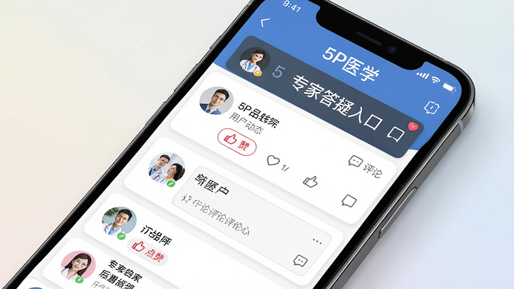 һ�ű���5PҽѧAPP��������������ֻ�����ͼ����Ļ��ʾ�û���̬�б���ר�Ҵ���ֱ����ڣ������С�5Pҽѧ�����֣�����Ϊ��Ϣ����ʽ������罻Ӧ�ó����Ŀ�Ƭʽ��ƣ�ϸ�ڰ���ͷ�񡢵��ް�ť���������򣬻��ʸ��壬������ͣ��޶���Ԫ��