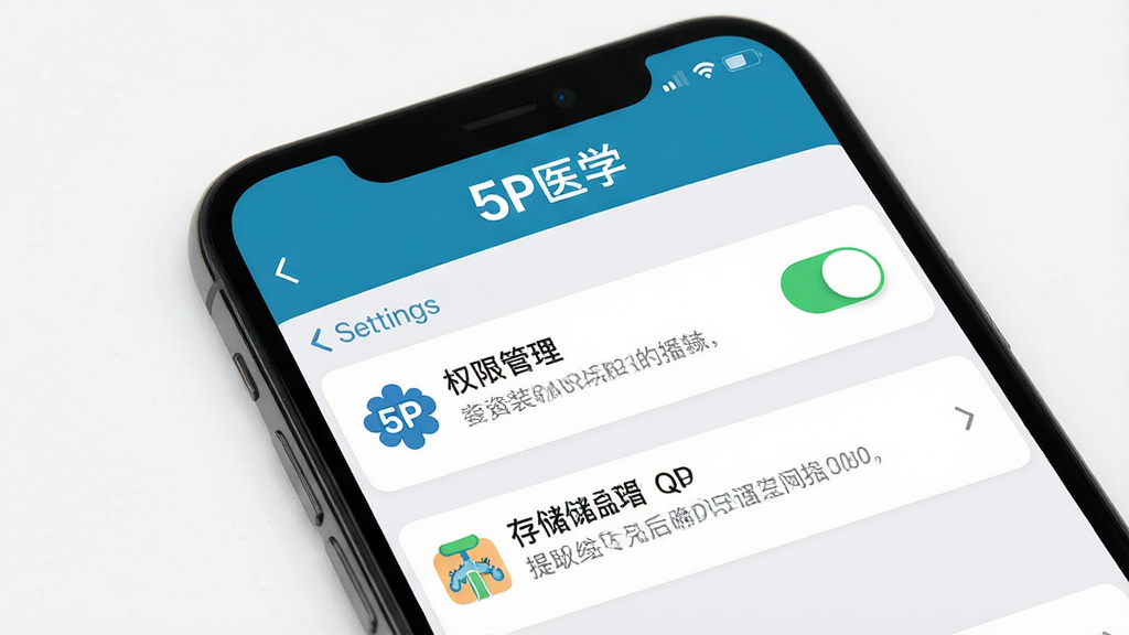 һ��չʾ5PҽѧAPP��װ�����ý�����ֻ�����ͼ����Ļ��ʾȨ�޹���ҳ����洢�ռ���ʾ�������С�5Pҽѧ����ʶ������Ϊ�����б���ʽ������๤����Ӧ�ã�ϸ�ڰ������ذ�ť������˵����ͼ�꣬���ʸ��壬�����ɾ�