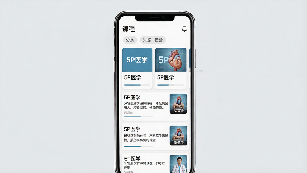 һ��չʾ5PҽѧAPP���տγ̽�����ֻ�����ͼ���ֻ���Ļ��ʾ�γ��б���������¿�Ƭ����Ƭ���С�5Pҽѧ����ʶ�����ֲ����������б���ϣ����֪ʶ������Ӧ�ó�������ˬ�Ű棬ϸ�ڰ��������ǩ���������ͷ�������ͼ�����ʸ��壬����Ϊǳ��ɫ���ɾ�����