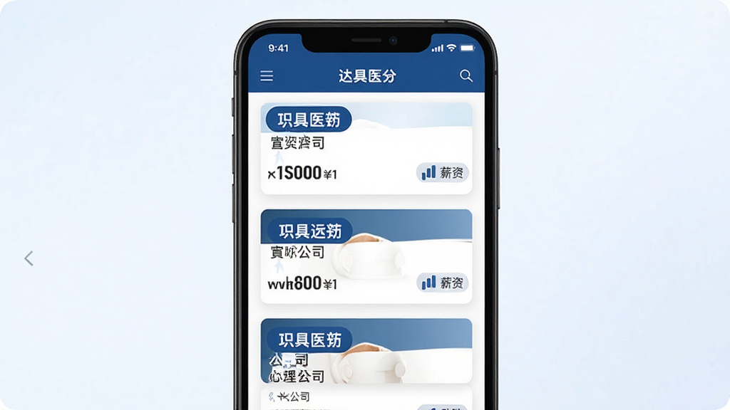 һ��չʾ����ҽҩApp��Ƹ��Ϣҳ����ֻ�����ͼ���������ֻ���Ļ��ʾ��λ�б���ÿ����λ��Ƭ����ְλ���ơ���˾���ƺ�н�ʱ�ǩ�������Ű����룬��ɫ��Ϊ��ɫ�Ͱ�ɫ������Ϊǳɫ���䣬���������ɾ�