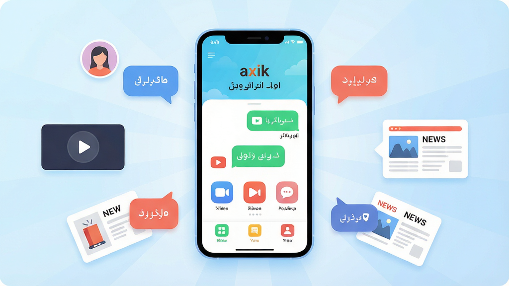 һ��չʾaxikӦ����������ȫò�ĳ���ͼ������������һ�������ֻ���Ļ����չʾaxikӦ�������棬�������ά��������ֺ����졢��Ƶ�������ȹ���ͼ�꣬�ֻ���Χ�������罻�������ݡ���ý�岥�Ű�ť�����ſ�Ƭ��Ԫ�أ����ֲ������ķ���ʽ��ͼ���ֻ����з��ã���ΧԪ�ؾ��ȷֲ������Ϊ�ִ���ƽ��UI�廭�磬ϸ�����ֻ��߿�Բ����Ļɫ��������ͼ�꾫������������Ϊ����ɫ���䣬���ʸ���ɾ��޶���Ԫ�أ�����ɫ����������