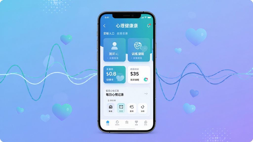 ����ʵ����APP������ȫòչʾ����������Ϊ�ֻ���Ļ����Ļ�ڳ�������ɫ������������Ӧ�ý��棬����������ڡ�ѵ���γ̿�Ƭ��ÿ�������¼ģ�飬����Ϊ��͵Ľ�������ɫ����׺������Բ����������η��ţ����������¿Ƽ��У������������ɾ��޶���Ԫ��