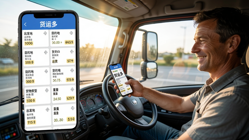 ���˶�APP��Դ�б�ҳ�棬�ֻ���Ļ��ʾ��������Ļ�Դ��Ϣ��Ƭ�����������ء�Ŀ�ĵء��������͡��������˷ѣ�һλ����˾�������ڼ�ʻ����΢Ц�鿴�ֻ�������͸���������룬���дʵ������ϸ�壬ͼƬ�д������֡����˶ࡱ