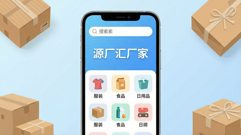һ���ֻ���Ļչʾ������Դ��APP��ҳ�����������ǡ�Դ���㳧�ҡ�Ӧ�ý��棬�Ϸ����������·������ŷ�װ��ʳƷ������Ʒ�ȹ�����Ŀͼ�꣬�����Ǽ���ǳ��ɫ���䣬�ֻ���Χɢ����ֽ��Ͱ���Ԫ�أ���������ˬ�ִ������ʸɾ����޶���Ԫ�أ��ʺ�����վ��ͼ