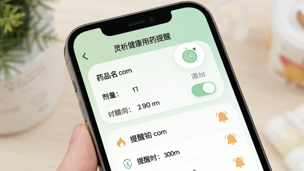 ����������ҩ��������ҳ�棬�ֻ���Ļ��ʾҩƷ���ơ�����������ʱ���������п��ذ�ť��ʱ��ͼ�꣬����Ϊ��͵�ǳ��ɫ���ɫ�������ܰ�Ѻã�ϸ�������������б�������ͼ�꣬���ʸ��壬�ɾ��޶���Ԫ��