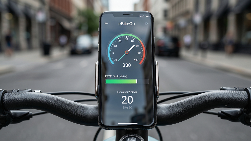 ��������Ϊһ���̶������г����ϵ������ֻ�����Ļ��ʾeBikeGoӦ��ʵʱ������壬�����ٶȱ��̡����������������֣�����Ϊ���ĶԳƣ��ֻ����У�����Ϊ�黯�ĳ��нֵ����Ű����������Ϊдʵ�Ƽ��磬ϸ�ڰ����ֻ�֧�ܽ����ʸС���Ļ���⡢�������������ʸ��壬�ɾ������ͼƬ�����֡�eBikeGo����ʾ����Ļ������
