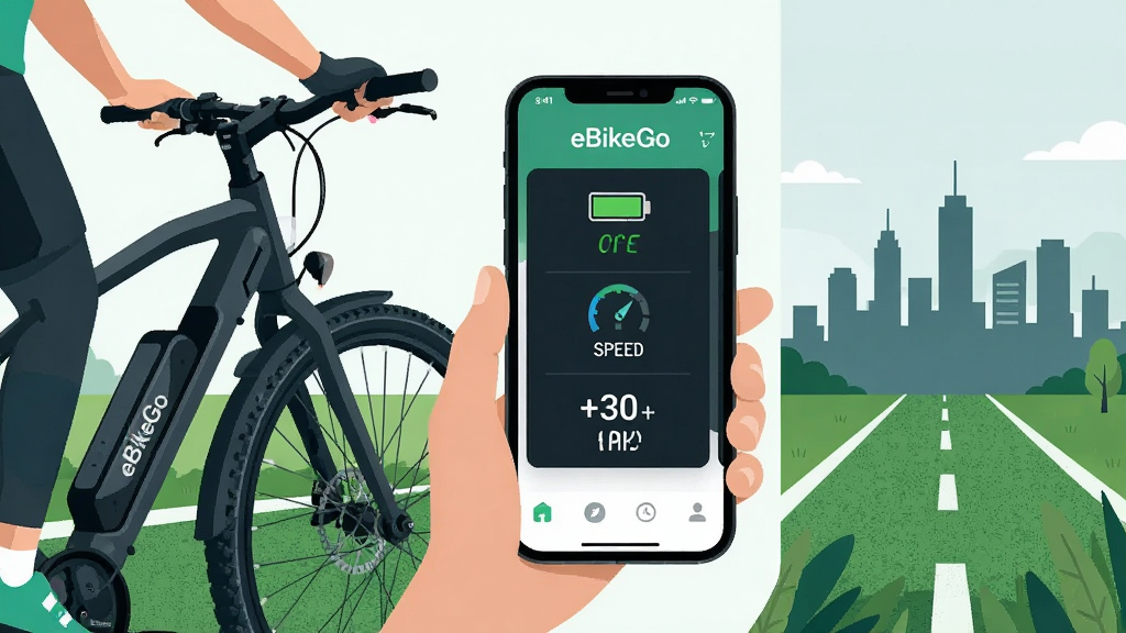 ��������Ϊһ���ִ����������г�ͣ�ڳ����̵��ϣ��������ֳ������ֻ��鿴eBikeGoӦ�ý��棬������ʾ�������ٶȺ�������ݣ����ֲ������������ַ������Ϊ���г���д���м�Ϊ�ֻ���Ļ�Ŵ�չʾ���Ҳ�Ϊ��������߼�Ӱ���Ű����ִ������Ϊ��ƽ���Ƽ��廭��ϸ�ڰ�����̥�������ֻ�UIͼ�ꡢ�̵�·���ʸУ����ʸ��壬�ɾ��������޶���Ԫ�أ�ͼƬ�����֡�eBikeGo�������ɼ���