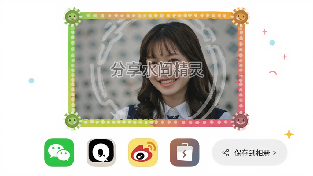 �߿�ˮӡ����������棬����չʾһ�������ӱ߿��ˮӡ����Ƭ���·��ж���罻ƽ̨����ͼ�꣬����΢�š�QQ��΢���ȣ����־��У��������Ѻã�ϸ�ڰ���������ť�ͱ��浽���ѡ������������ɾ��޶���Ԫ��