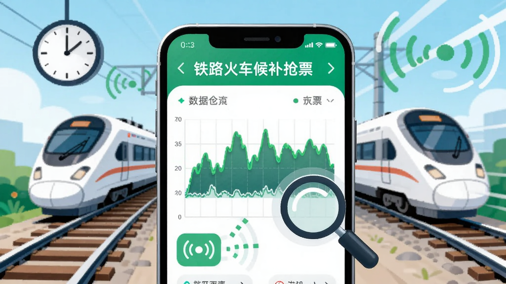 һ��AI���ɵĲ廭������������һ���ֻ����ֻ���Ļ��ʾ����·�𳵺���Ʊ���ļ�ؽ��棬����ɫ�����ݲ��������ͷŴ�ͼ�꣬��������·����ͷɳ۵��г������ֲ������Ĺ�ͼ������ƽ���Ƽ��У�ϸ�ڰ���ʱ�Ӻ��źŲ��ƣ���������������������Ԫ��