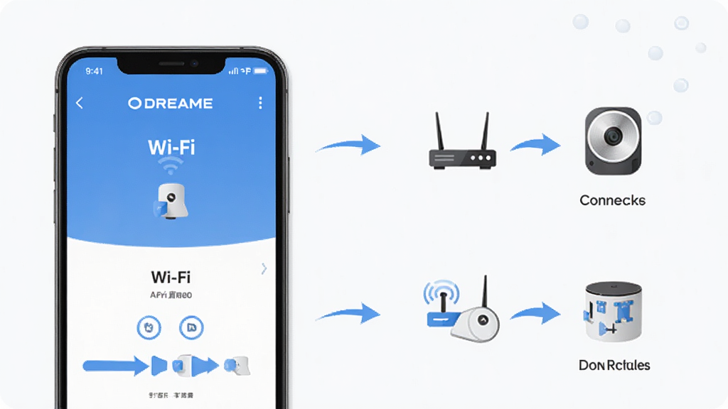 һ��չʾ׷��(DREAME)Ӧ�����������ʾ��ͼ������Ϊ�ֻ���Ļ��ʾWi-Fi��������ҳ�棬���ֲ��÷ֲ�ͼ�⣬�Ű����������Ϊ��ƽ���̷̳磬ϸ�ڰ���·����ͼ�ꡢ�豸ͼ������Ӽ�ͷ�����ʸ��壬�ɾ����޶���Ԫ��