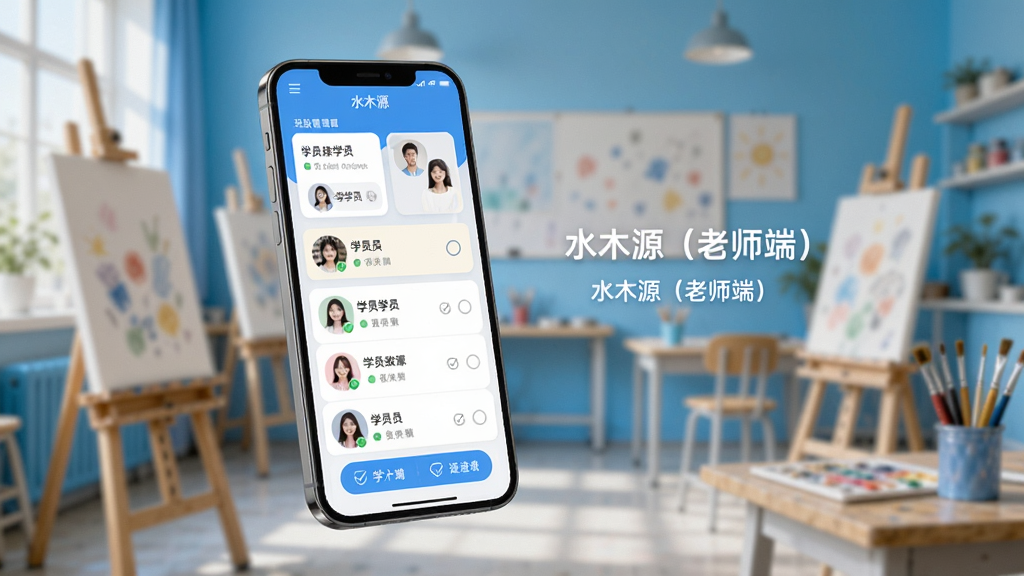һ��ˮľԴ����ʦ�ˣ��༶���������AI����ͼ����������Ϊ�������ֻ���Ļ����Ļ����ʾ����༶��Ƭ��ѧԱͷ���б����й�ѡ��ɸѡ��ť�������ǻ��ҳ������黯������ɫ��������������ִ��������д��С�ˮľԴ����ʦ�ˣ����������Ű����룬���ʸɾ�����