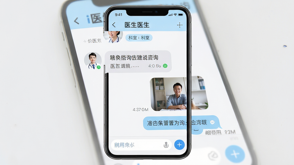 һ���ֻ�չʾ��iҽ����������ѯ������棬����Ϊ�ֻ���Ļ����ʾҽ�����û��ĶԻ����ݣ����Ϊҽ��ͷ������ֻظ����Ҳ�Ϊ�û����͵�ͼƬ�����֣�����Ϊ���½ṹ��������ҽ�������Ϳ��ұ�ǩ���Ű����룬�ײ��������ͼӺŰ�ť�����Ϊ����罻����磬ɫ���԰�ɫ��ǳ����ǳ��Ϊ����ϸ�ڰ���Բ�����ݡ�ʱ������Ѷ���ǣ����ʸ��壬�ɾ��޶���Ԫ�أ�����Ϊ��ɫ��