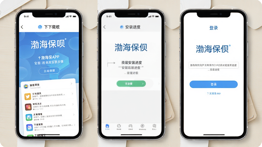 һ��չʾ��������APP��װ�����ͼƬ������Ϊ�����ֻ�����չʾ��������������ʾ����ҳ�桢��װ���ȡ���¼���棬ÿ���ֻ���Ļ�ڶ��в����������ֱ�ʶ������Ϊ�ɾ���ǳɫ���棬���Ϊ�̳�ͼ��磬ϸ�����������ʸ��壬�ɾ��޶���Ԫ��