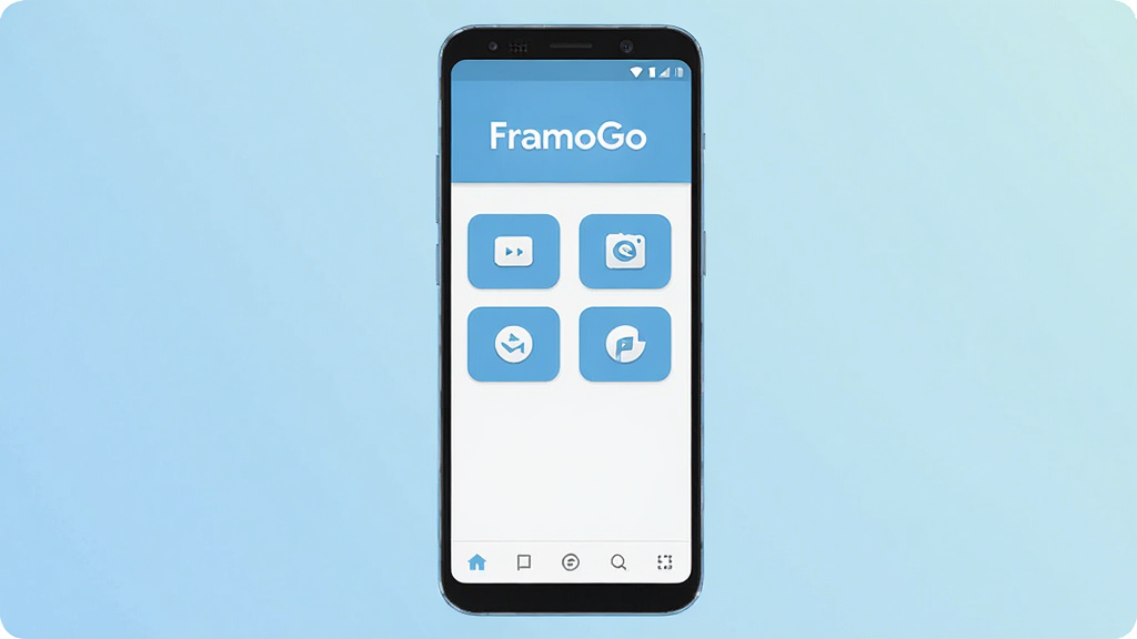 һ�Ÿɾ����İ�׿�ֻ�����չʾͼ������������ FramoGo Ӧ�õ���ҳ��������ǳ�����ɫΪ��ɫ����������ʾ FramoGo �������м������ż���Բ�Ǿ��ι���ͼ�꣬�ײ��е�����������Ϊ��͵Ľ��䴿ɫ���������ִ���ˬ���޶���װ��Ԫ�أ����������������ʺ���������վ��ͼʹ��