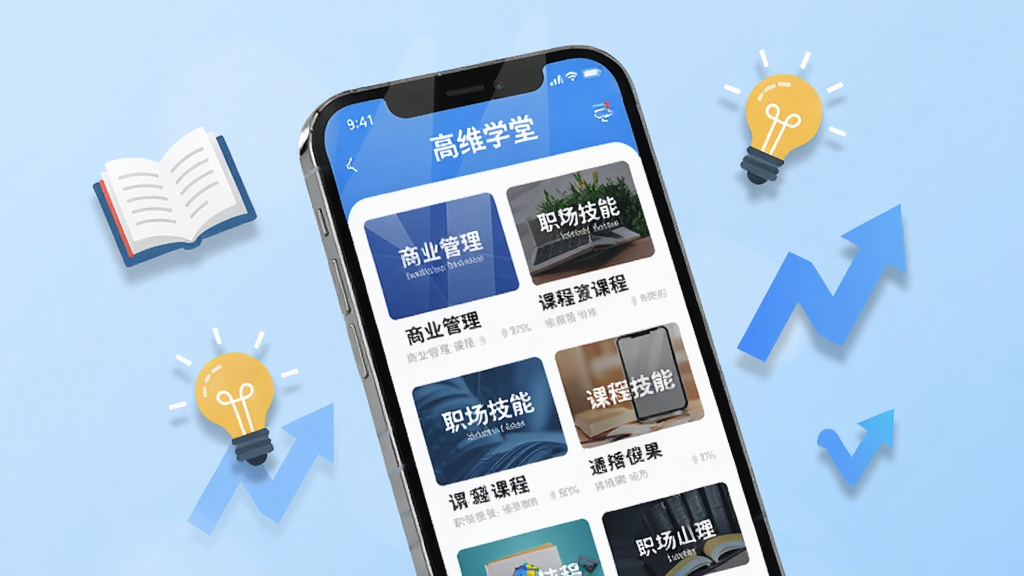 ����Ϊһ�������ֻ�����Ļ����ʾ��άѧ��APP�Ŀγ��б����棬�����а�����ҵ������ְ�����ܵȿγ̷���ͼ�����ֲ��þ��й�ͼ���ֻ�΢΢��б������Ϊ����ǳ��ɫ���䡣�Ű����ֻ�ռ�ݻ�������λ�ã���Χ����Ư�����鱾�����ݡ�������ͷ������֪ʶ��ɳ��ı�ƽ��ͼ�ꡣ���Ϊ�ִ��Ƽ����������Լ���ϡ�ϸ�����ֻ���Ļ����΢���⣬ͼ����������Ӱ�������������ɾ����޶���Ԫ�ء�