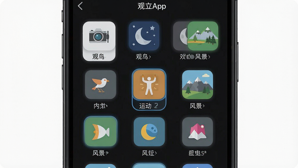 һ��չʾ������App�ڶ��ֳ���ģʽѡ������ʾ��ͼ�������������ֻ���Ļ�ϵ�ģʽѡ��˵������������������˶����羰��ͼ�꣬���ֲ����������У����Ϊ��ƽ��UI��Ʒ��ϸ�ڰ���ͼ����ɫ���֡�ѡ�и���״̬������Ϊ��ɫģʽ�������������ɾ����޶���Ԫ��