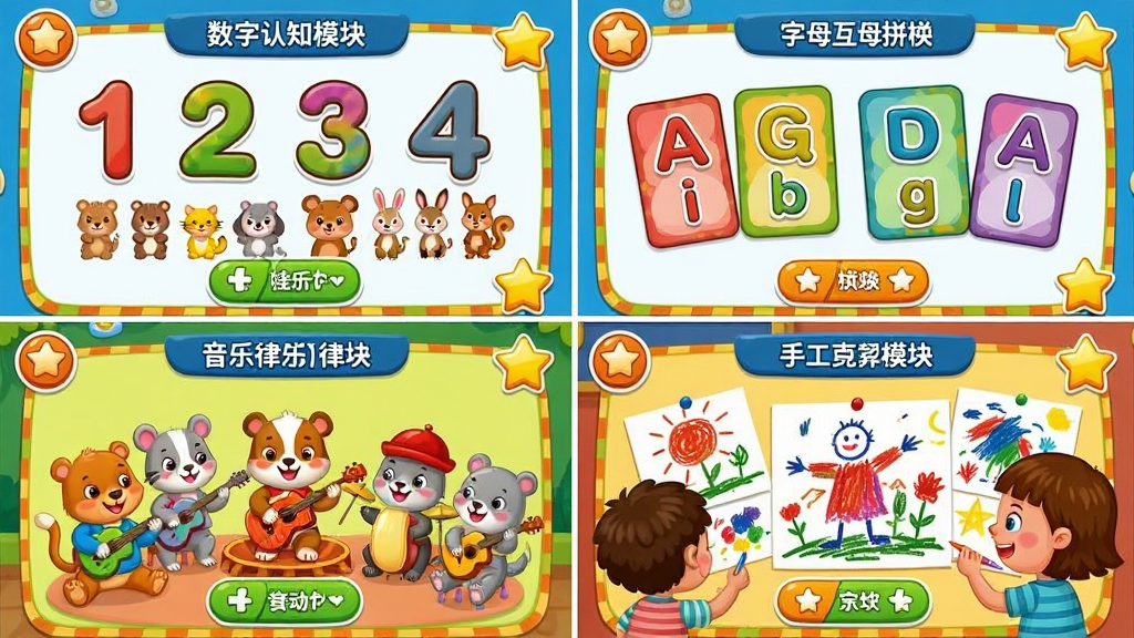 �������ֽ��Ҷ�Ԫ������ѧϰģ��չʾͼ��������÷ָ񲼾�չʾ�ĸ���ͬ��ѧϰ���������ϸ�Ϊ������֪ģ����ʾ��ͨ�������Ӧ������С������ϸ�Ϊ��ĸƴ��ģ��չʾ��ɫ��ĸ��Ƭ�����¸�Ϊ�����ɶ�ģ��չʾС�������������������¸�Ϊ�ֹ��滭ģ��չʾ��ͯͿѻ��Ʒ��������Ϊ���õĶ�ͯ�廭���ɫ�ʷḻ������ϸ�ڰ���ÿ��ģ��Ľ��水ť�ͽ�������ͼ�꣬���ʸ��壬����ɾ����޶���Ԫ��
