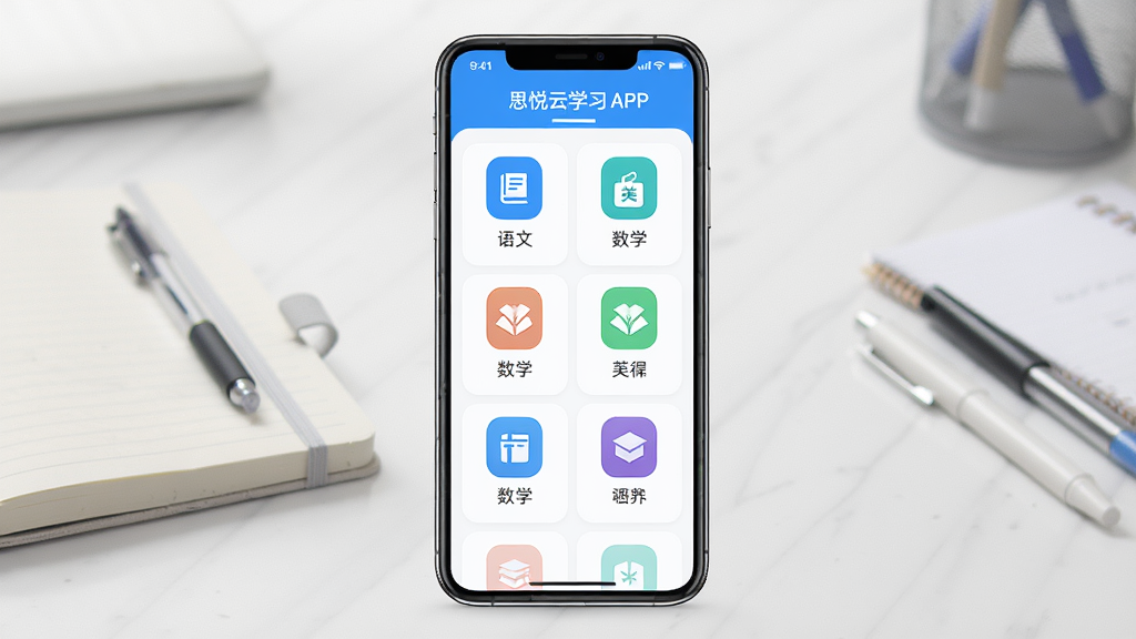 һ��չʾ˼����ѧϰAPP��������ֻ�Ч��ͼ������������һ���ִ������ֻ�����Ļ��ʾ˼����ѧϰ�Ŀγ��б�ҳ�棬�������ġ���ѧ��Ӣ���ѧ��ͼ�꣬���������¼�࣬��ɫ��Ϊ��ɫ�Ͱ�ɫ������Ϊ�ɾ��������������Ա߷��бʼǱ����ľߣ����廭���������������ʸ��壬�޶���Ԫ��