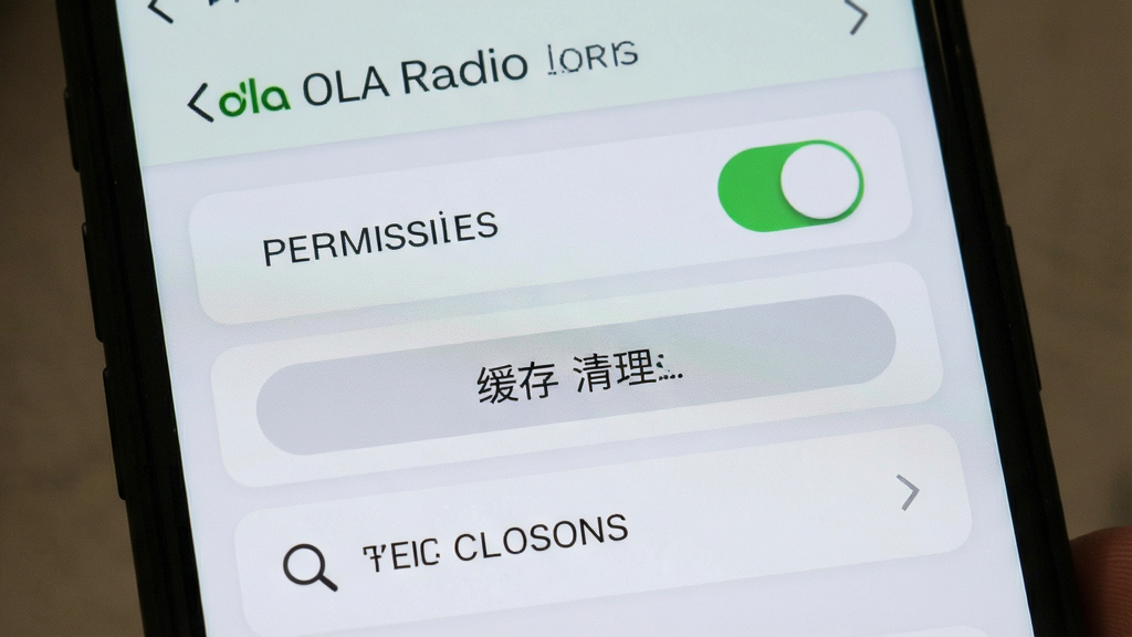 �ֻ���Ļ��ʾOla Radio���ý��棬����Ȩ�޿��ء�����������ť�Ͷ�ʱ�ر�ѡ�����Ϊǳɫ��Ƭʽ���֣���������׶���ϸ�ڷḻ�����ʸ��壬�ɾ����޶���Ԫ��