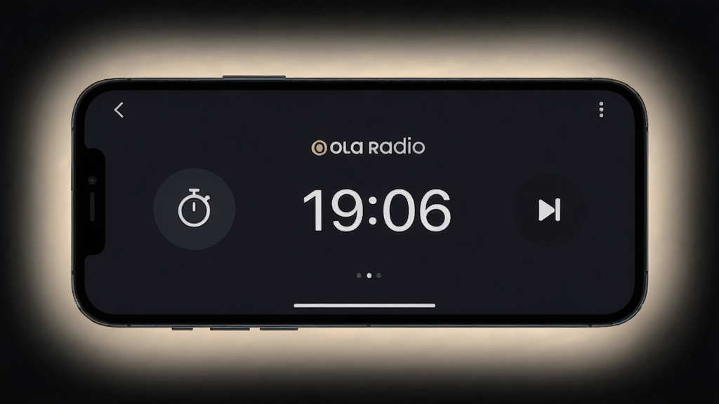 �ֻ�����չʾOla Radio���Ž��棬��Ļ���ж�ʱ��ͼ��͵���ʱ���֣�����Ϊ��ɫҹ��ģʽ����Χ����͹��Σ���񰲾����ʣ�ϸ�����������ʸ��壬�ɾ����޶���Ԫ��