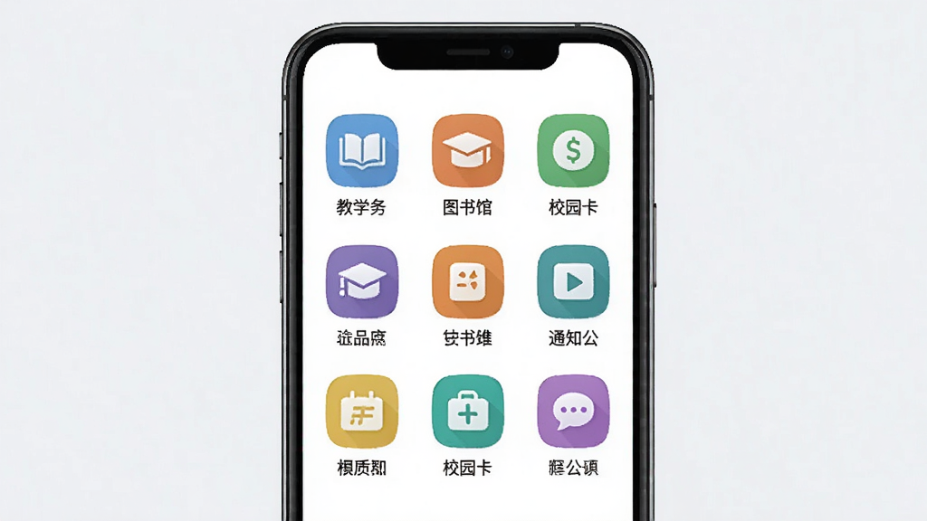 �ǻ�ӦԺӦ�ù��ܾۺϽ���չʾ����������Ϊһ���ֻ�����Ļ���ԾŹ�����ʽ���н���ͼ��ݡ�У԰����֪ͨ����Ȳ�ɫͼ�꣬ͼ���·����м�����ֱ�ǩ�����岼���������򣬷�������죬ϸ�����������ʸɾ����޶���Ԫ��