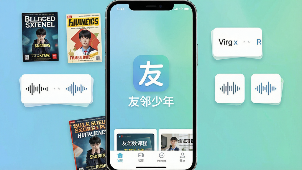 һ��չʾ��������App��������ֻ���ĻЧ��ͼ����������������Logo�����ơ��������ꡱ����Χ������Ӣ���⿯���桢���ʿ�Ƭ����Ƶ����ͼ���ѧϰԪ�أ�����Ϊ��ͽ�������ɫ�������岼�ּ������������ִ�������App�Ӿ���ϸ�ڰ����ײ��������Ϳγ̿�Ƭ�����廭�ʣ��ɾ��޶���Ԫ��