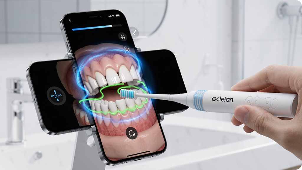 һ���ֻ��̶���֧���ϣ���Ļ��ʾ 3D ����ģ������ɫ���켣���Ա�һֻ������ Oclean ������ˢ����ˢ����������������ԡ�һ��������дʵ�Ƽ��磬ϸ������ɫ�⻷Χ������ģ�͡������������Ƕȸ�Ӧͼ�꣬���������ɾ����޶���Ԫ��