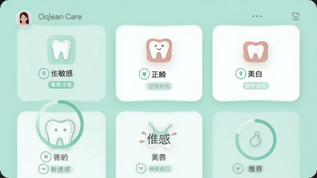 Oclean Care Ӧ�ý���չʾ���Ի�����ѡ��ҳ�����������������С����������׵�ͼ�꿨Ƭ������Ϊ��͵ı����̣����ֲ����������У�������¼�Լ��ϸ�ڰ����û�ͷ�񡢷������Ȼ����Ƽ���ǩ�����ʸɾ��������޶���Ԫ��