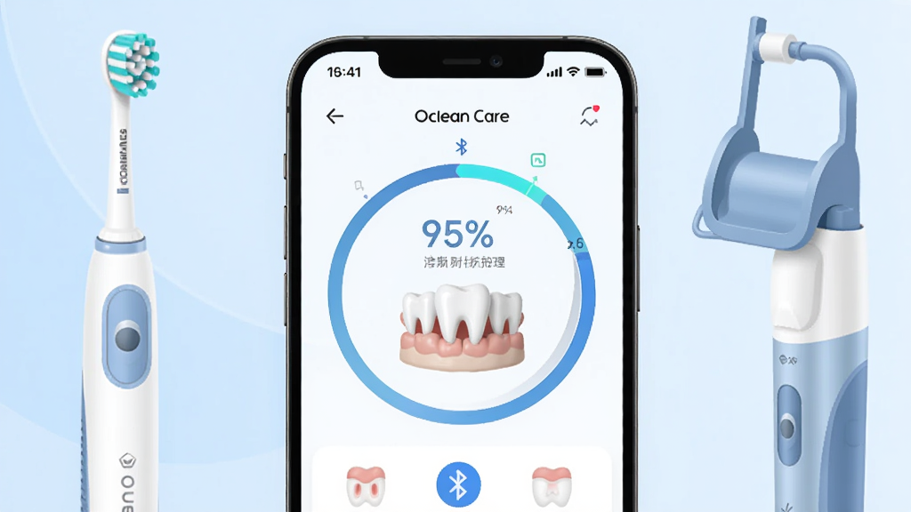 ���������� Oclean Care Ӧ�õ��ֻ����棬չʾˢ�����ݻ���ͼ������ģ�ͣ�����Ϊǳ��ɫ���䣬�������ֻ���Ļռ�����壬���ܻ���������ˢ���������Ʒͼ�����Ϊ�ִ��Ƽ��б�ƽ�廭��ϸ�ڰ������ٷֱ����֡���������ͼ�ꡢ�������ӷ��ţ����������ɾ����޶���Ԫ��