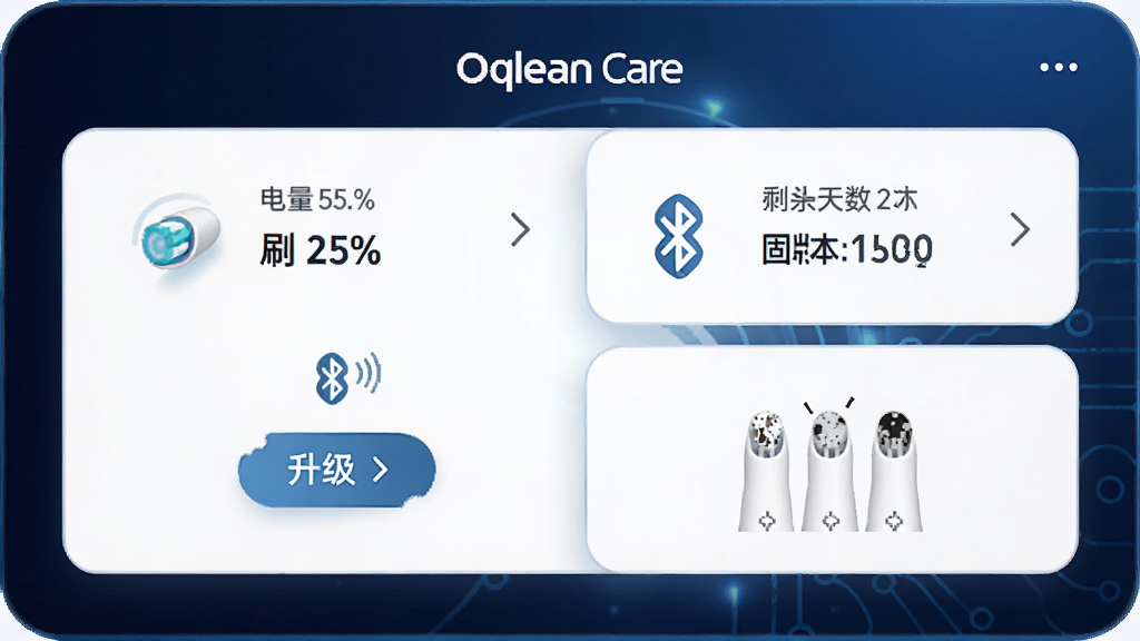 Oclean Care �豸�������棬չʾ��ˢ�����ٷֱȡ�ˢͷʣ���������̼��汾�ţ�����Ϊ����ɫ�Ƽ��н��䣬�������豸��Ƭ���У����Ϊ����Ӳ��������壬ϸ�ڰ��������ź�ͼ�ꡢ������ť��ˢͷĥ��ʾ��ͼ�����������ɾ����޶���Ԫ��