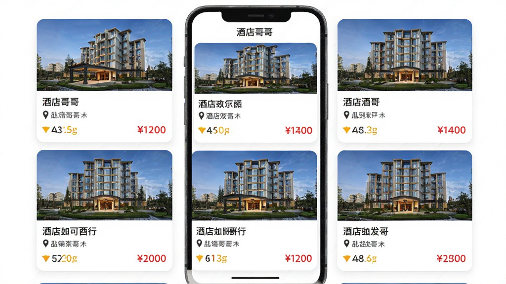 �Ƶ���APP�ھƵ��б�ҳ��ĳ���ͼ���ֻ���Ļ����ʾ��ҾƵ꿨Ƭ��Ϣ�������Ƶ��������ͼ�����ơ�λ�á��۸�����ȣ��������С��Ƶ��硱���ֱ�ʶ��������Ϊ��������磬�Ű����룬����������������Ԫ��