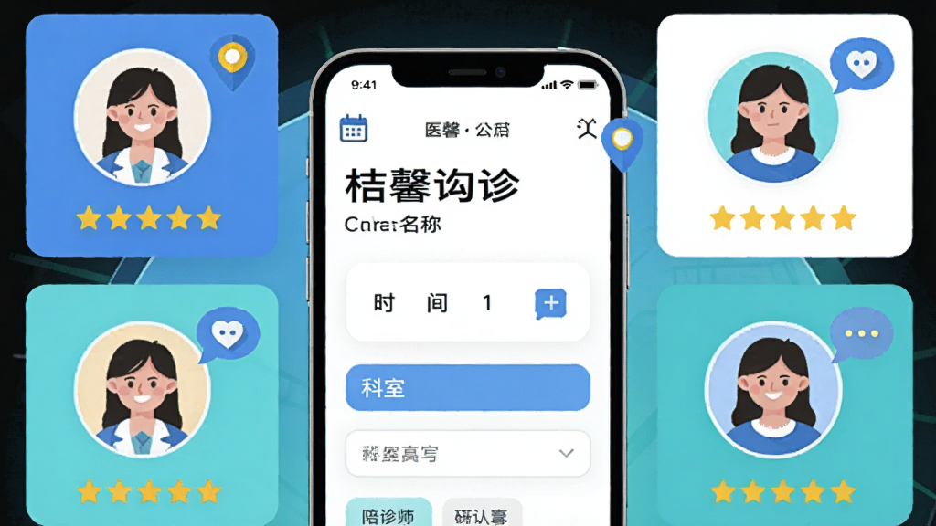 ��ܰ����APP���󷢲�ҳ���ͼ���廭������Ϊ�ֻ�������ʾҽԺ���ơ�ʱ��ѡ�񡢿�����д�����ܻ�������ʦͷ�����������۱�ǩ�����ֲ��ÿ�Ƭʽ�ֲ㣬����ƽ���Ƽ��У�ϸ�ڰ�������ͼ�ꡢ��λ���š��������ݣ������������ɾ����޶���Ԫ��