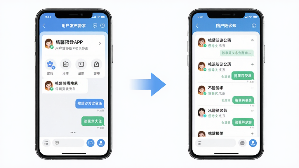 ��ܰ����APP�û���������ʦ�˽��沢��չʾ�����Ϊ�û���������ҳ�棬�Ҳ�Ϊ����ʦ�ӵ��б����м��ü�ͷ���ӱ�ʾ�Խ����̣��������ҶԳƣ�����ִ���࣬ϸ�ڰ����ֻ��߿򡢹���ͼ�ꡢ�������ݣ������������ɾ����޶���Ԫ��