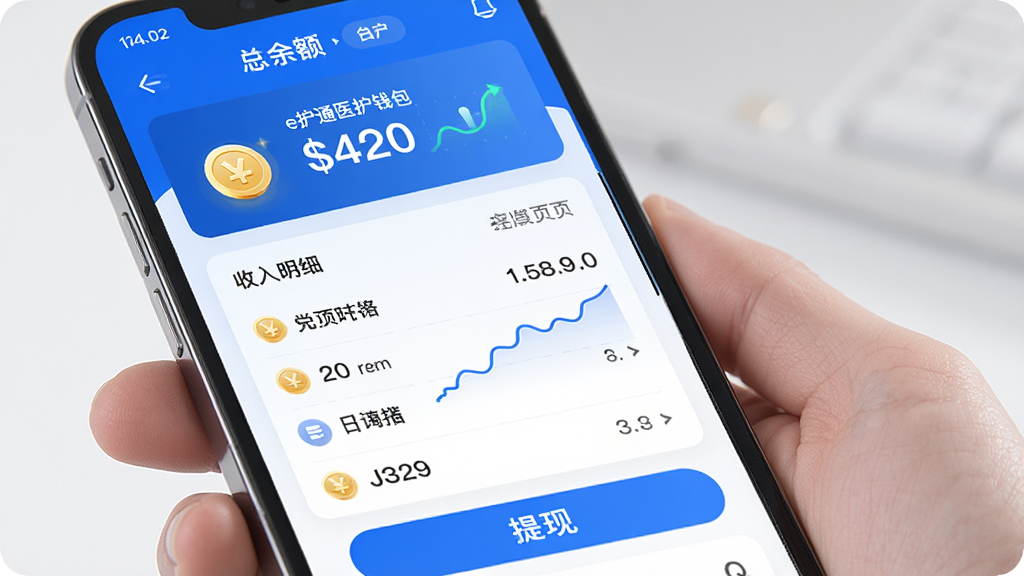 �������ֻ���Ļչʾe��ͨҽ����Ǯ��������ҳ�棬����Ϊ��Ƭʽ����չʾ���Ű��Ϸ�Ϊ�����м�Ϊ������ϸ�б����·�Ϊ���ְ�ť�����Ϊ���ڿƼ��磬ϸ�ڰ������ͼ�ꡢ����ͼ�����ʸ��壬�ɾ����޶���Ԫ��