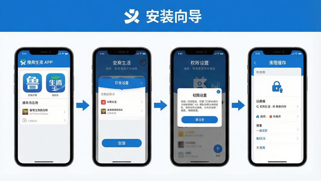 һ��չʾ��³�����APP��װ���������̵�ͼ�⣬������÷ֲ�ʾ��ͼ����ʽ������������չʾ���ֻ�����Ӧ�á������װ��ť��Ȩ�����õ���������������档ÿһ�����������Ľ�ͼ�ͼ�ͷָ�������Ϊ���ı�ƽ��UI��ƣ���ɫ����ɫ�Ͱ�ɫΪ��������ɾ����࣬�޶���װ�Ρ�����������4K�ֱ��ʣ���������Ϊ��³������͡���װ�򵼡���