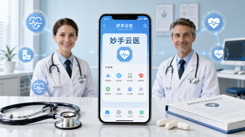 ��������һ�������ֻ�չʾ������ҽAPP���棬��Χ����ҽ��������ҽ��ͼ�꣬����Ϊ��������һ��������־��жԳƣ����дʵ�Ƽ��У�ϸ�ڰ�������������������ҩ���Ԫ�أ����ʸ��壬�ɾ����޶���Ԫ��