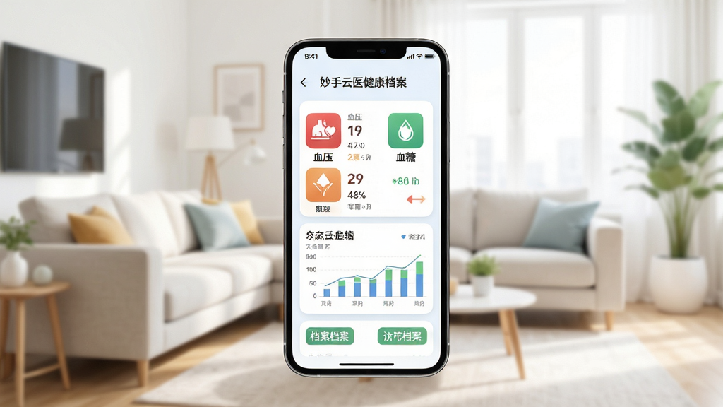 ������ҽ��������ҳ�棬�ֻ���Ļ��ʾ���˽�����Ϣ��Ƭ������Ѫѹ��Ѫ�ǵ�ͼ�꣬����Ϊ�������������־���չʾ�ֻ�������ִ���Լ��ϸ��������ͼ���뵵����ǩ�������������ɾ����޶���Ԫ��