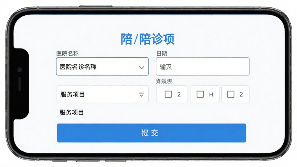 ���������󷢲����棬����Ϊ�ֻ���Ļ��ʾ������дҳ�棬����Ϊ���ж��룬�Ű�Ϊ������������ύ��ť�����Ϊ��ˬҽ������ɫ��ϸ�ڰ���ҽԺ���ơ�����ѡ������������Ŀ��ѡ�򣬻��������ɾ����޶���Ԫ��
