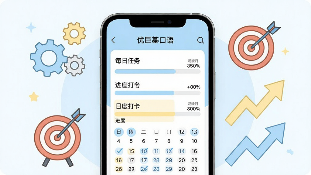 ����չʾһ��ѧϰ�ƻ�������棬�ֻ���Ļ����ʾ���ž޻������ÿ�������б����������������򿨼�¼���ֻ���Χ�г��֡�Ŀ����ġ�������ͷ��Ԫ�أ�����Ϊ�ֻ����У�Ԫ�سʰ뻷�Ʒֲ����Ű��������б��������У�����������չʾ�����Ϊ���¼�Լ�磬ɫ����ǳ������ɫ�͵���Ϊ����ϸ���ϴ������й�ѡ��ǣ��������аٷֱ����֣����ʸ��壬�ɾ����޶���Ԫ�ء�