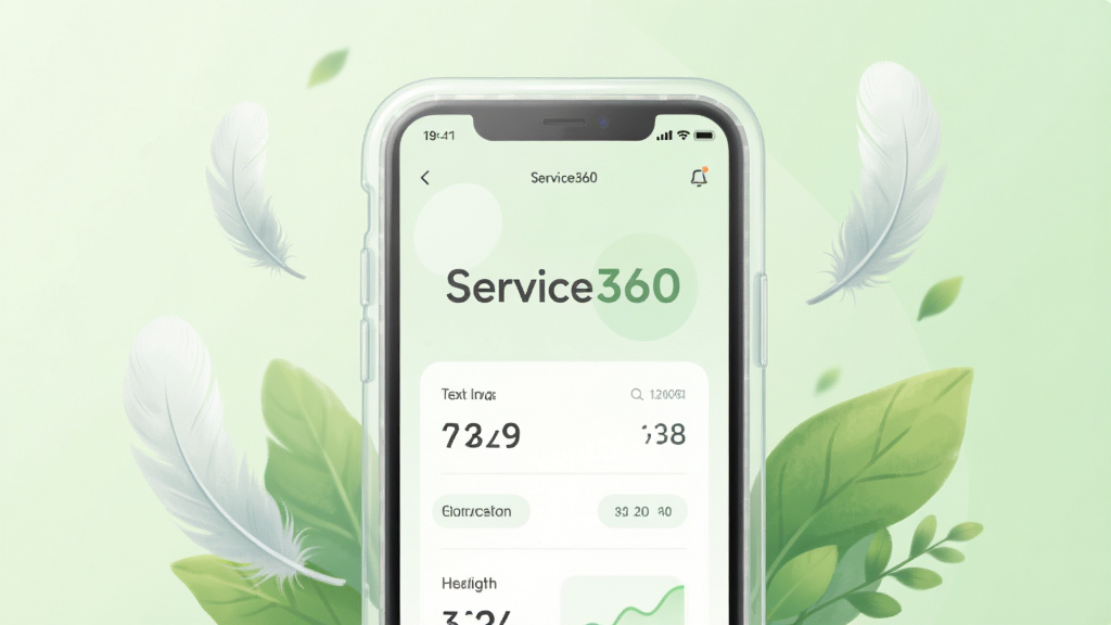 һ��չʾService360�����������ԵĲ廭��������һ���ֻ���͸���ı����ְ�������Χ����ë����Ҷ��������봿�����ֻ���Ļ��ʾ����Service360���棬����Ϊ��͵�ǳ��ɫ�������������Ȼ�����־��У�ϸ����ͣ����ʸ��壬����ɾ����޶���Ԫ��