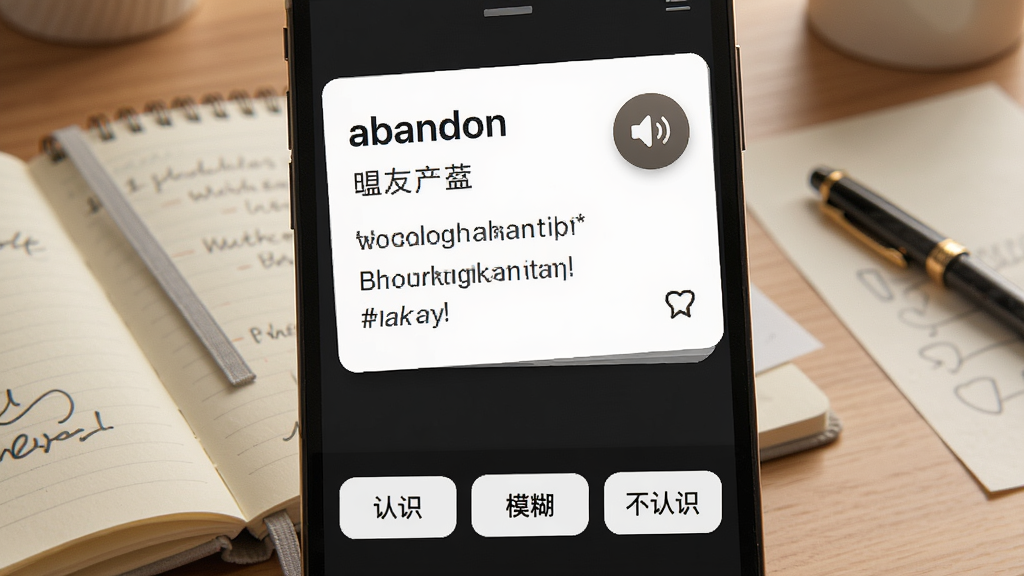 ����Ӣ��ʻ���书�ܽ����ͼ���ͼ��������һ���ֻ���Ļ��ʾ���ʿ�Ƭ����Ƭ����Ӣ�ĵ��ʡ�abandon����������������䣬�Ա��з�����ť���ղ�ͼ�꣬�ֻ��·��С���ʶ����ģ����������ʶ������������ť�������������������бʼǱ��ͱʣ����дʵ��ɫ����ů�����廭�ʣ�����ɾ�