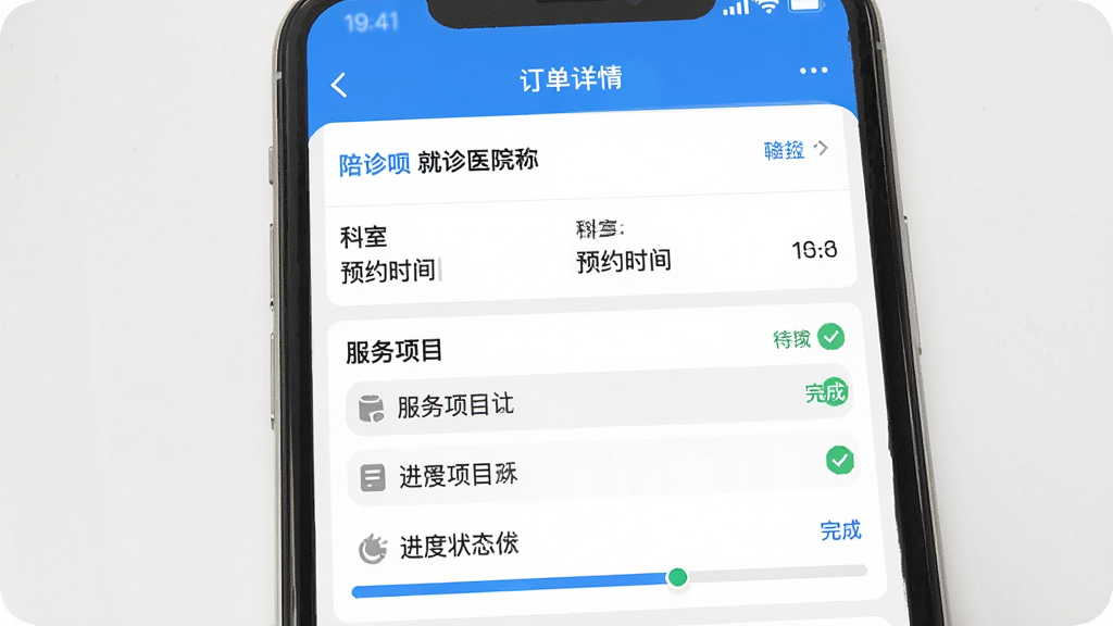 �����������������̹������棬�ֻ���Ļչʾ��������ҳ����������ҽԺ���ơ����ҡ�ԤԼʱ�䡢������Ŀ�嵥�����״̬��������Ϊ�ֻ���Ļ��д���������½ṹ���Ű����������Ϊ��ƽ����ƣ�ϸ�ڰ�����ɫ����ָʾ����ɫ��ɱ�ǡ���ɫ�����������ɾ������廭�ʣ�������Ԫ��